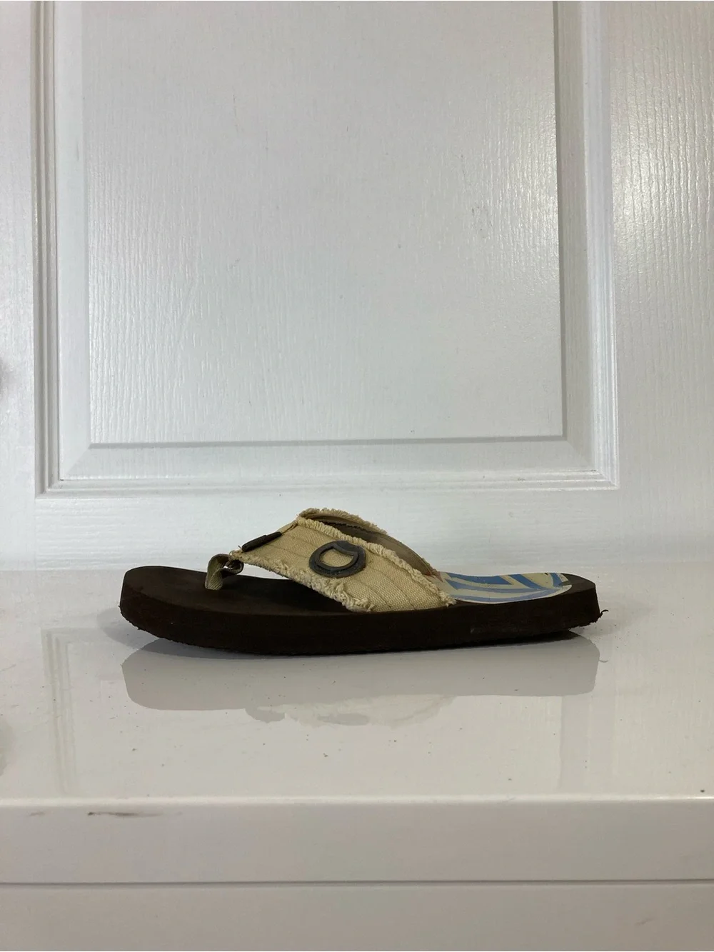 MILLER LITE Sandals Men 8 Brown Canavas Thong Beige Logo Graphic